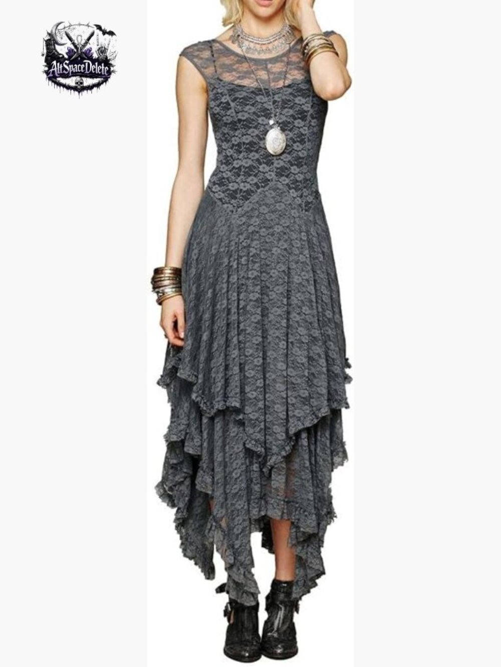 Sleeveless Backless Asymmetrical Lace Long Dress with Slip
